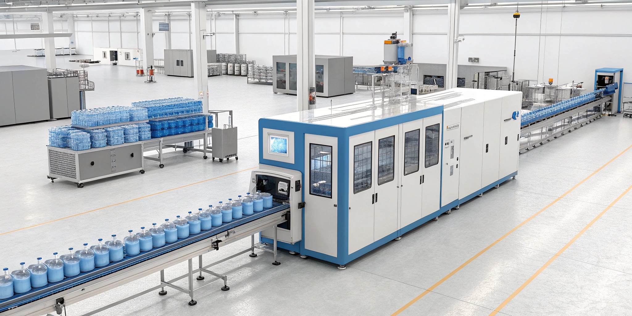 A Complete Bottling Production Line In A Large Factory