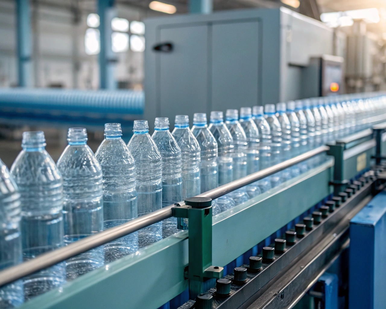 A Pet Bottle Moving Smoothly Along A Conveyor Belt On An Automated Filling And Capping Line.