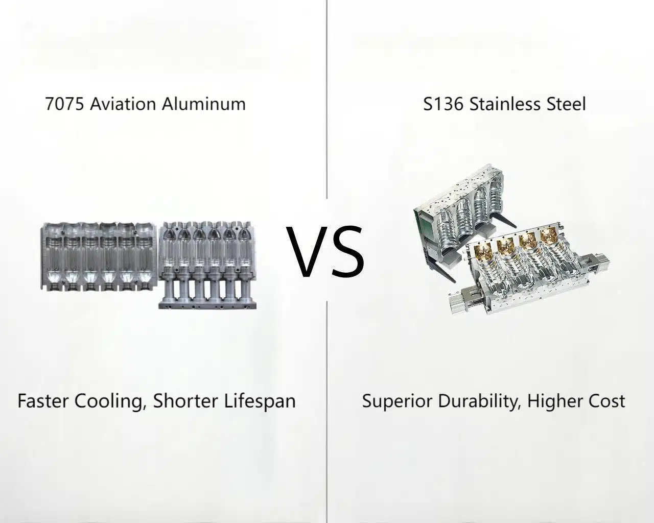 A Side-By-Side Comparison Of A Shiny Aluminum Mold Half And A Robust Stainless Steel Mold Half.