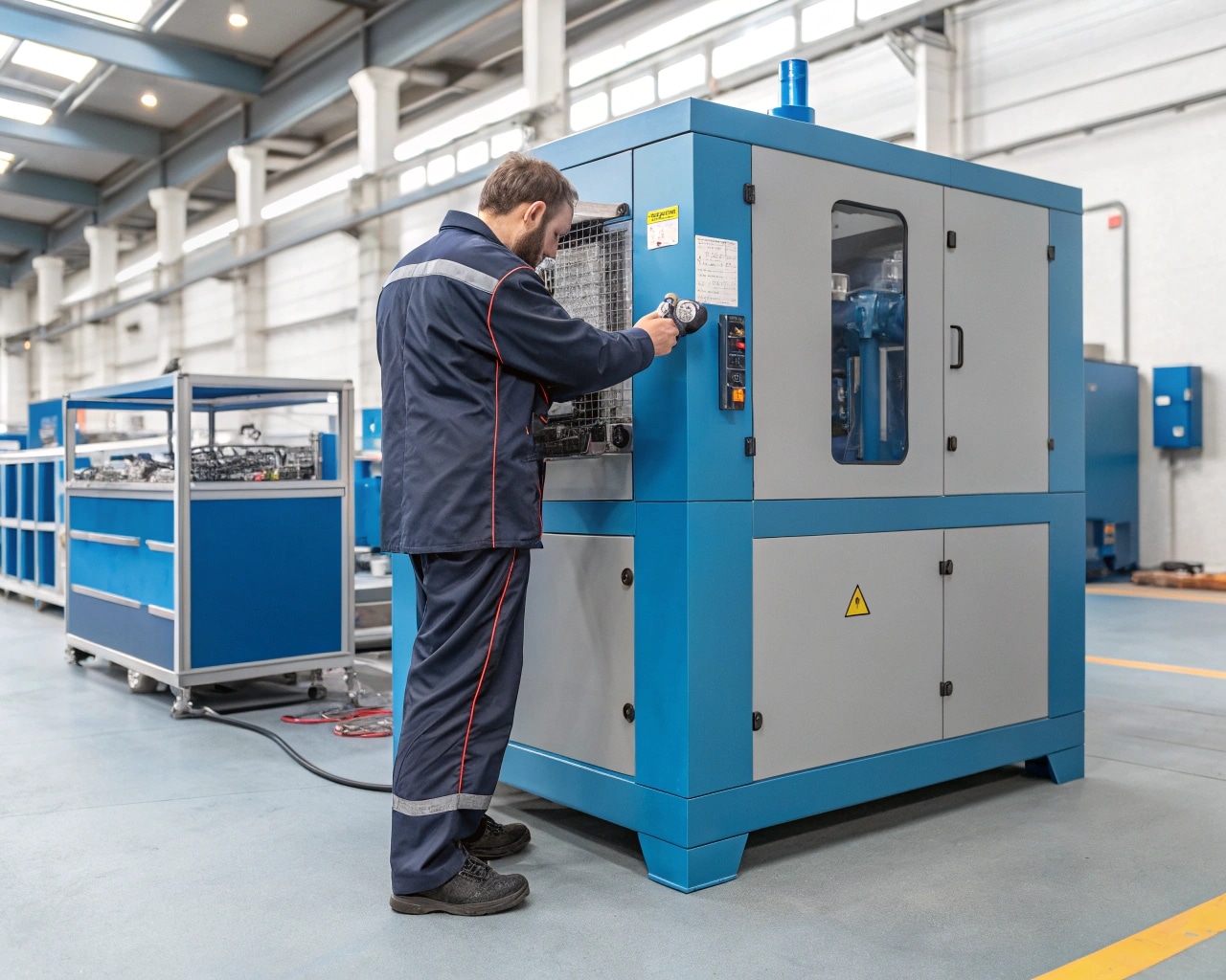 Technician Performing Maintenance On A Blow Molding Machine