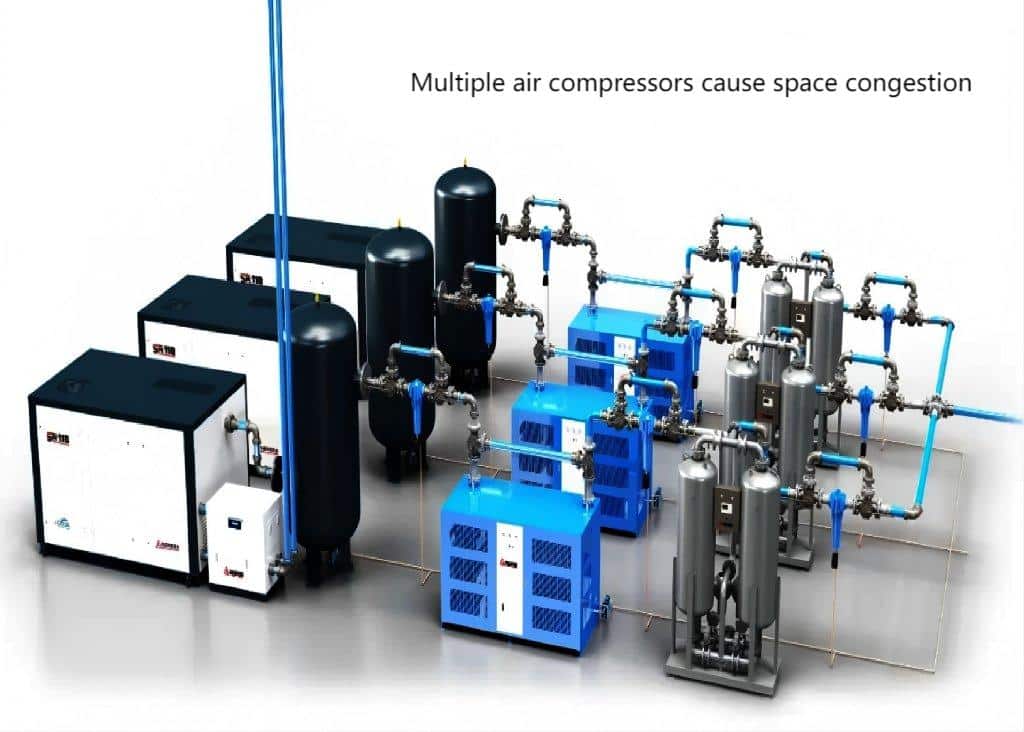 A Cluttered Factory Floor With Two Compressors, Tanks, And Complex Piping