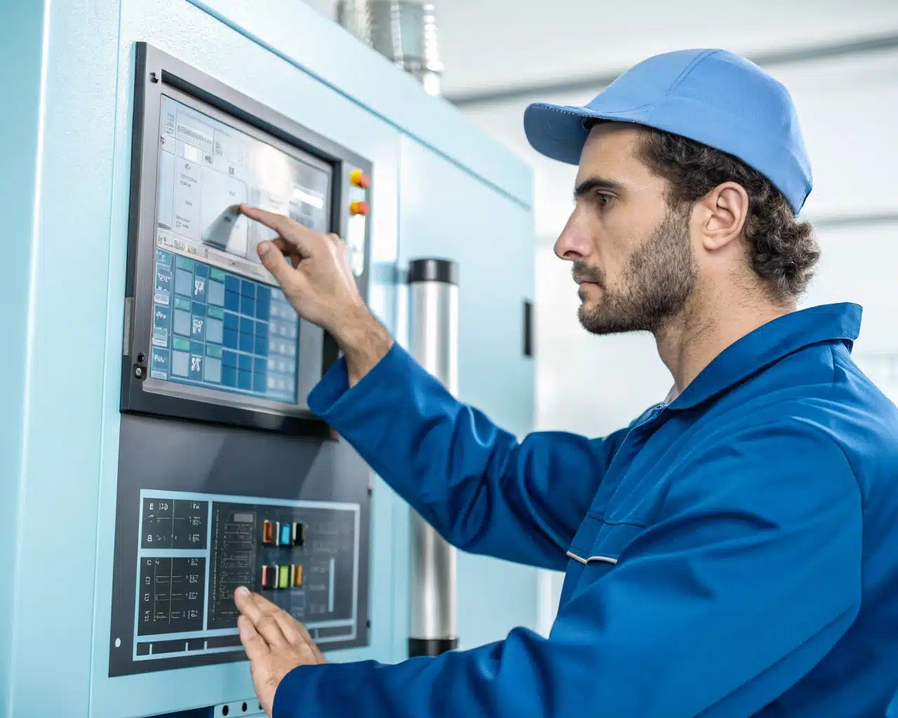 A Technician Adjusting The Control Panel Of A Pet Blow Molding Machine