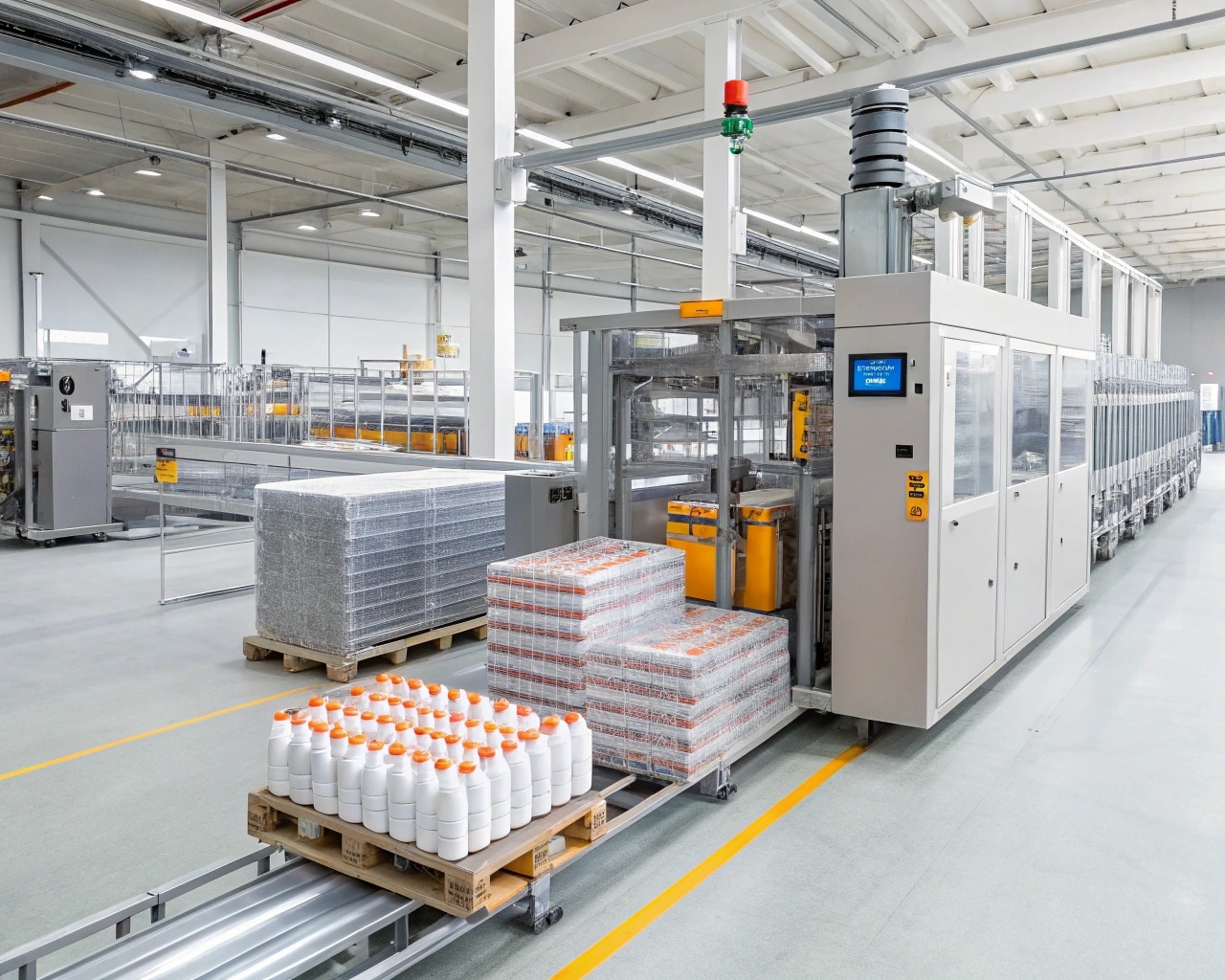 An Automatic Shrink Wrapping Machine Wrapping Cases Of Bottles