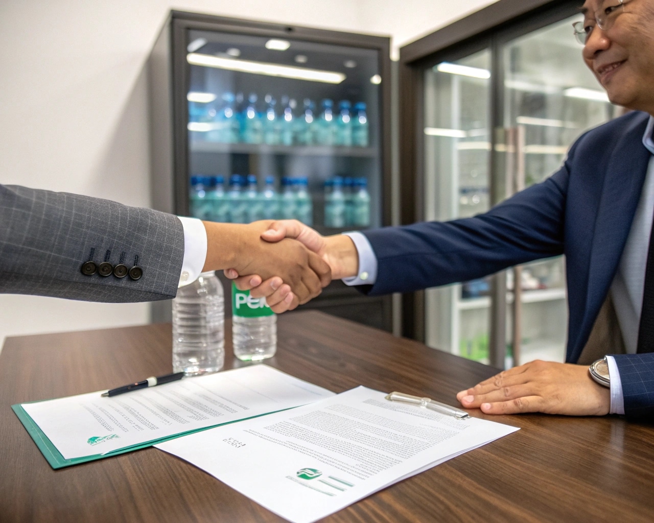 Two Business Partners Shaking Hands Over A Signed Contract With A Mold In The Background