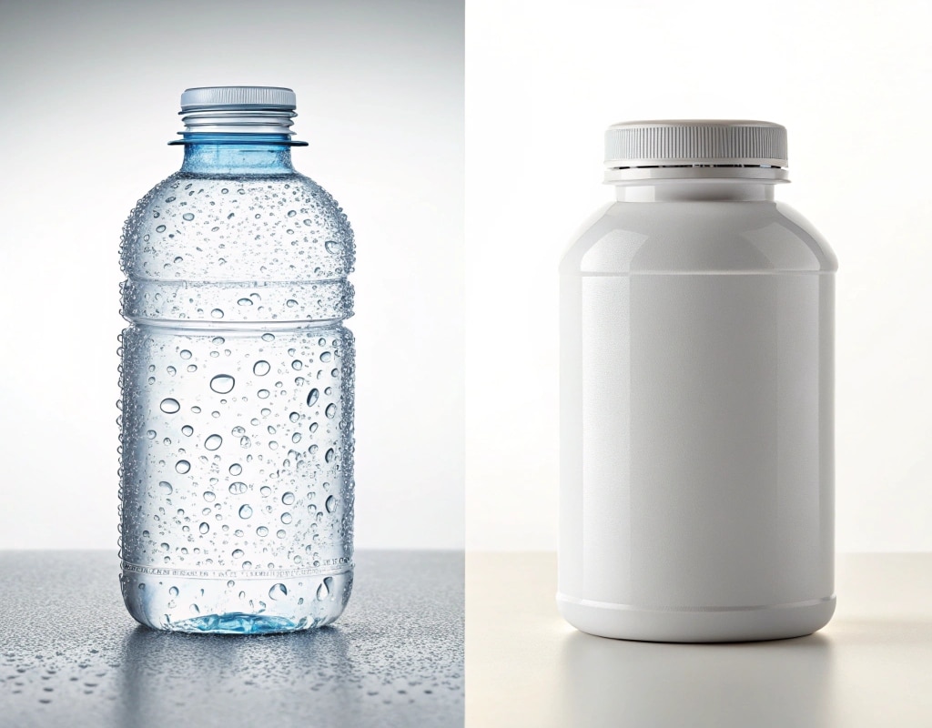 A Clear Pet Water Bottle Next To An Opaque Hdpe Container