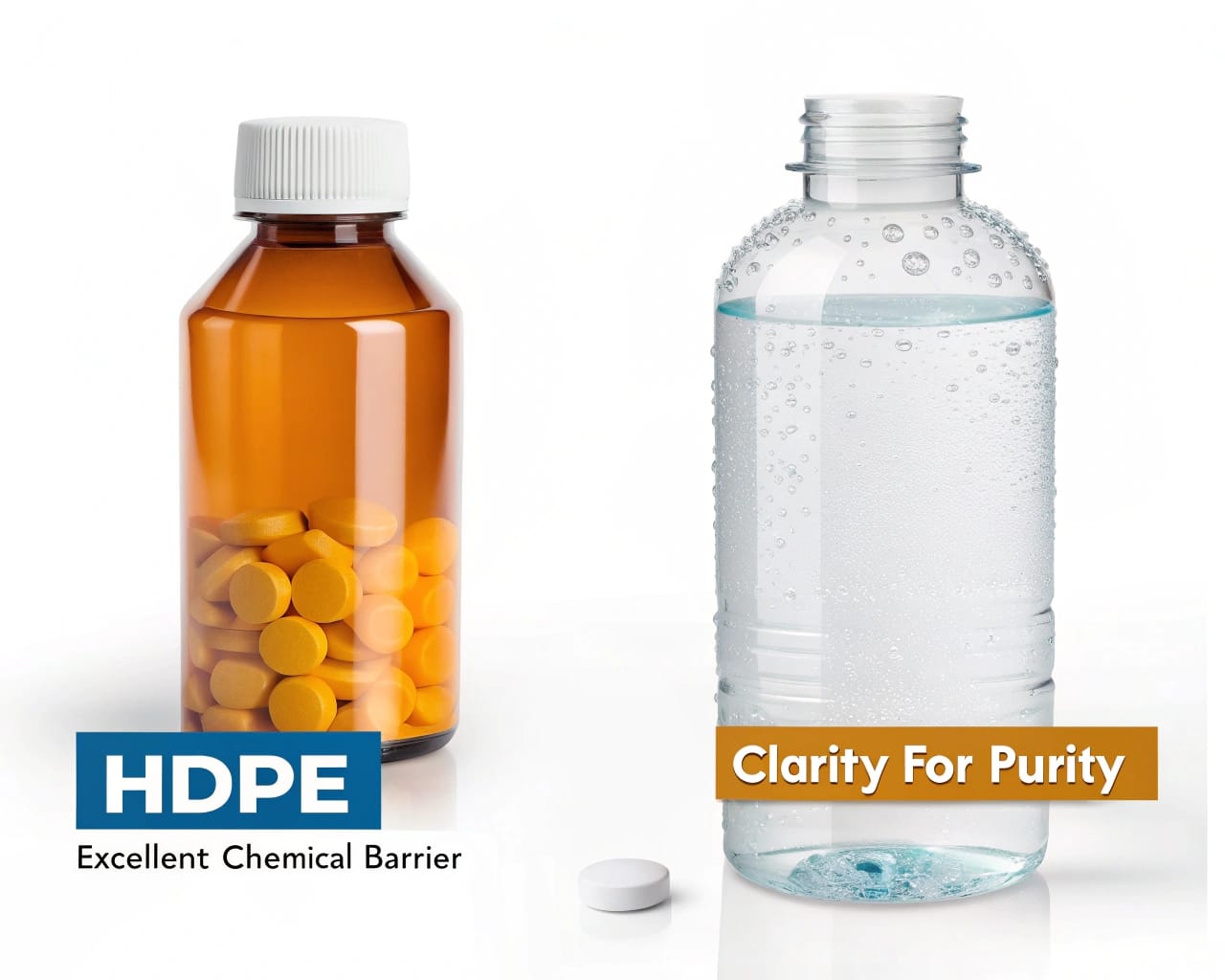 An Opaque Hdpe Bottle For Medicine Next To A Clear Pet Water Bottle