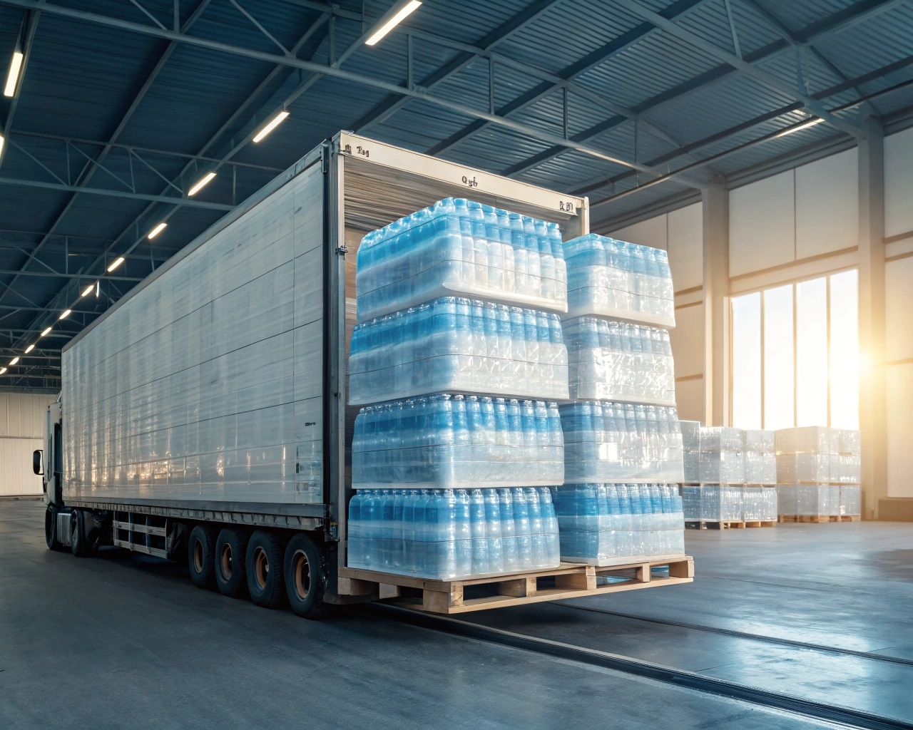 A Truck Loaded With Pallets Of Lightweight Pet Water Bottles