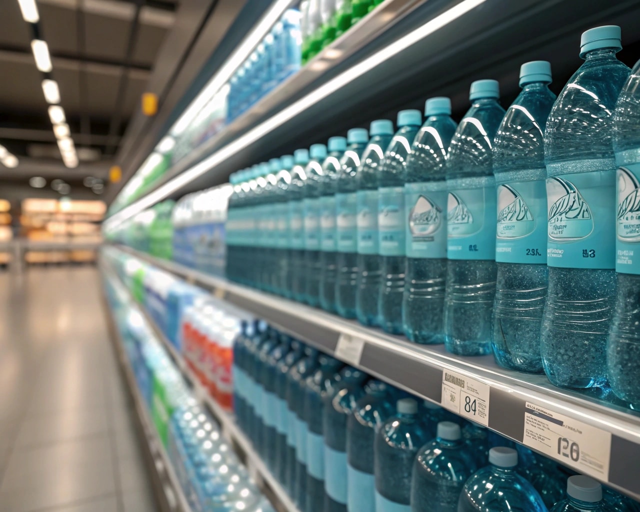 A Row Of Sparkling Clear Pet Water Bottles On A Store Shelf