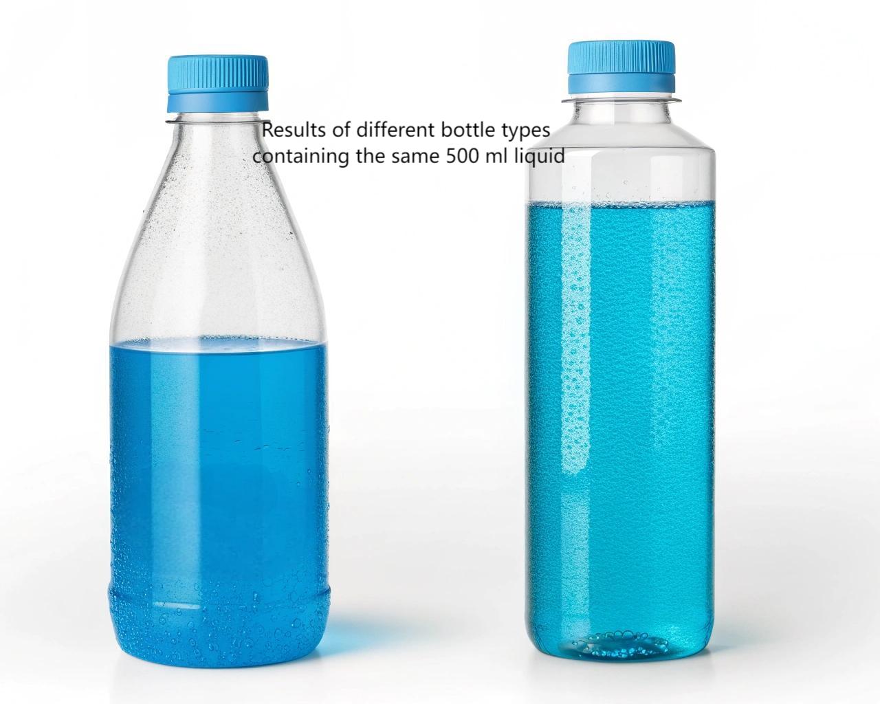 An Image Comparing Two Bottles With The Same Volume But Different Shapes, Showing How The Fill Line Appears At Different Heights.