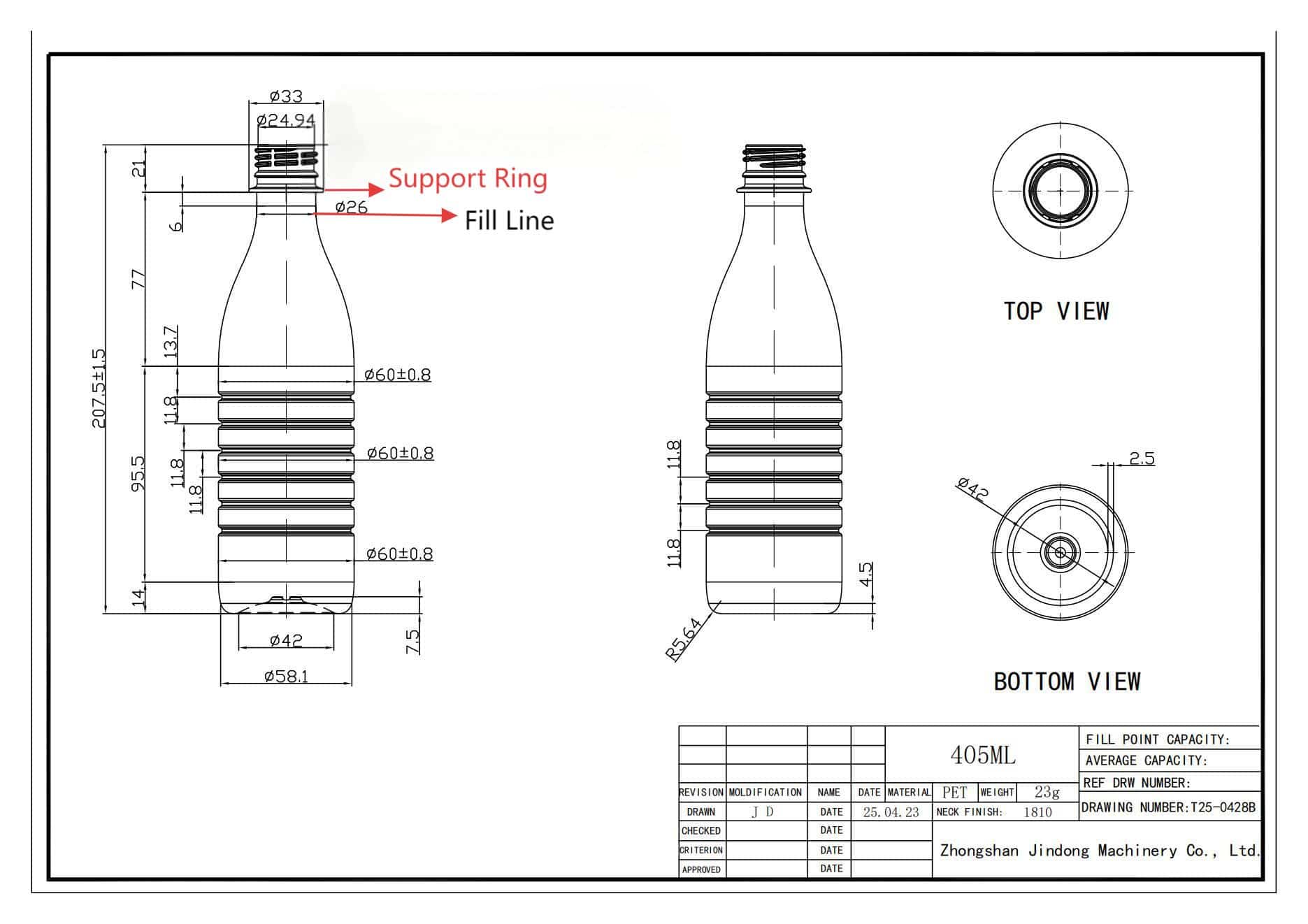 A Technical Drawing Of A Pet Bottle Neck, With A Clear Marker Showing The Fill Line 10Mm Below The Support Ring.