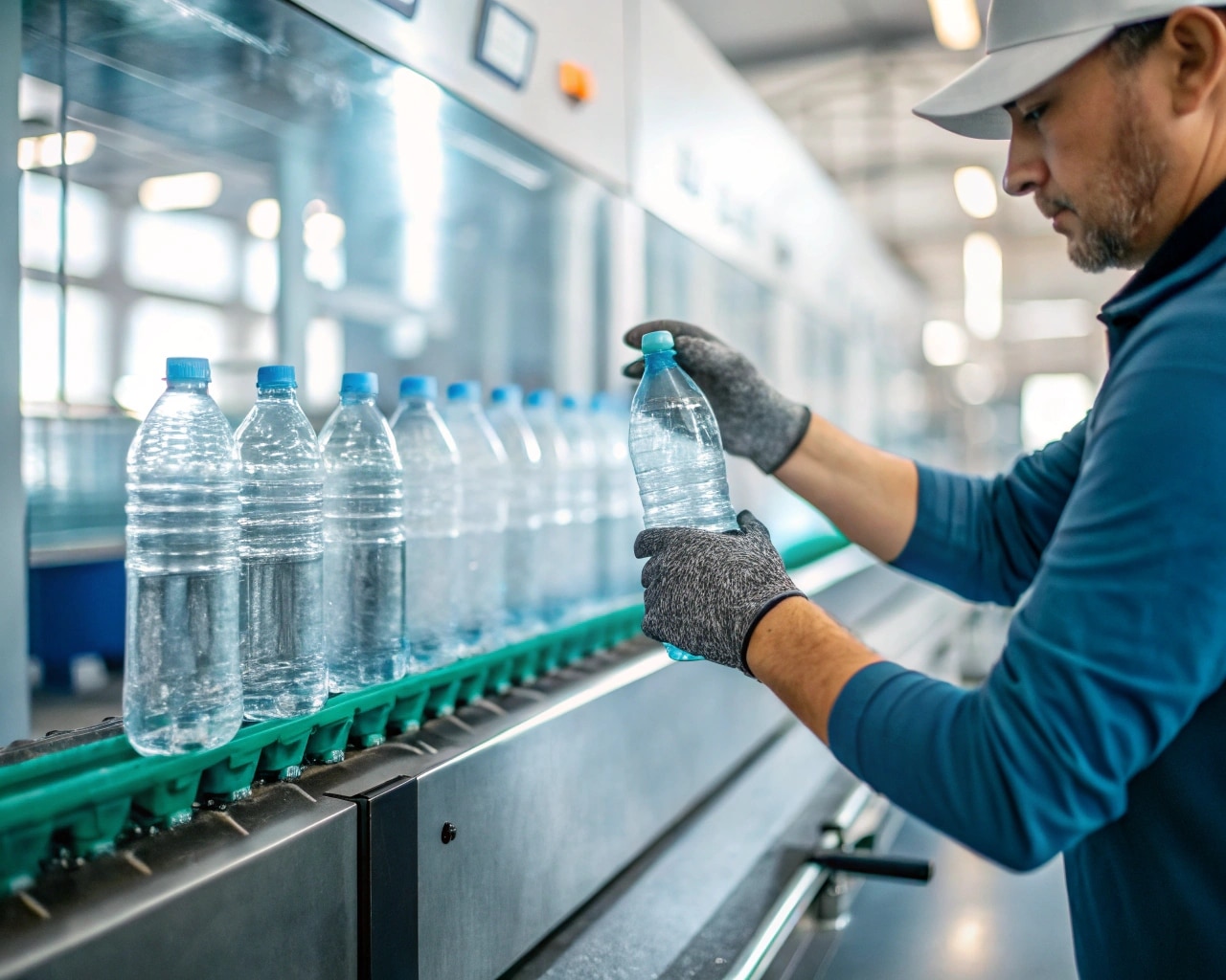 An Engineer Carefully Inspecting A Newly Molded Pet Bottle During A Mold Trial, With The Open Mold In The Background.