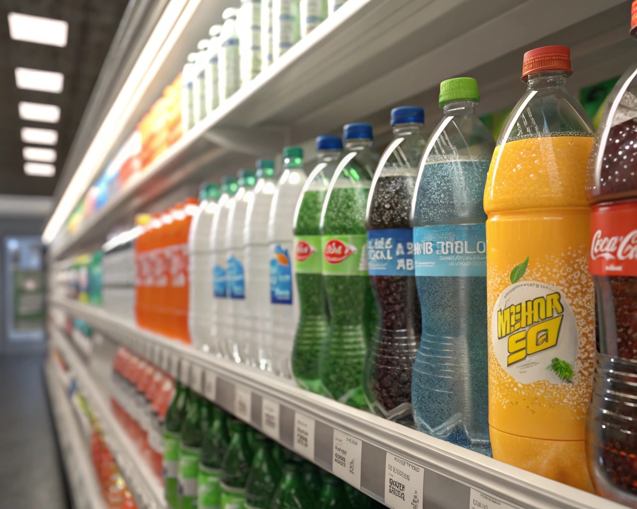 A Collage Of Different Pet Bottles On A Supermarket Shelf, Showcasing Various Shapes And Brands.