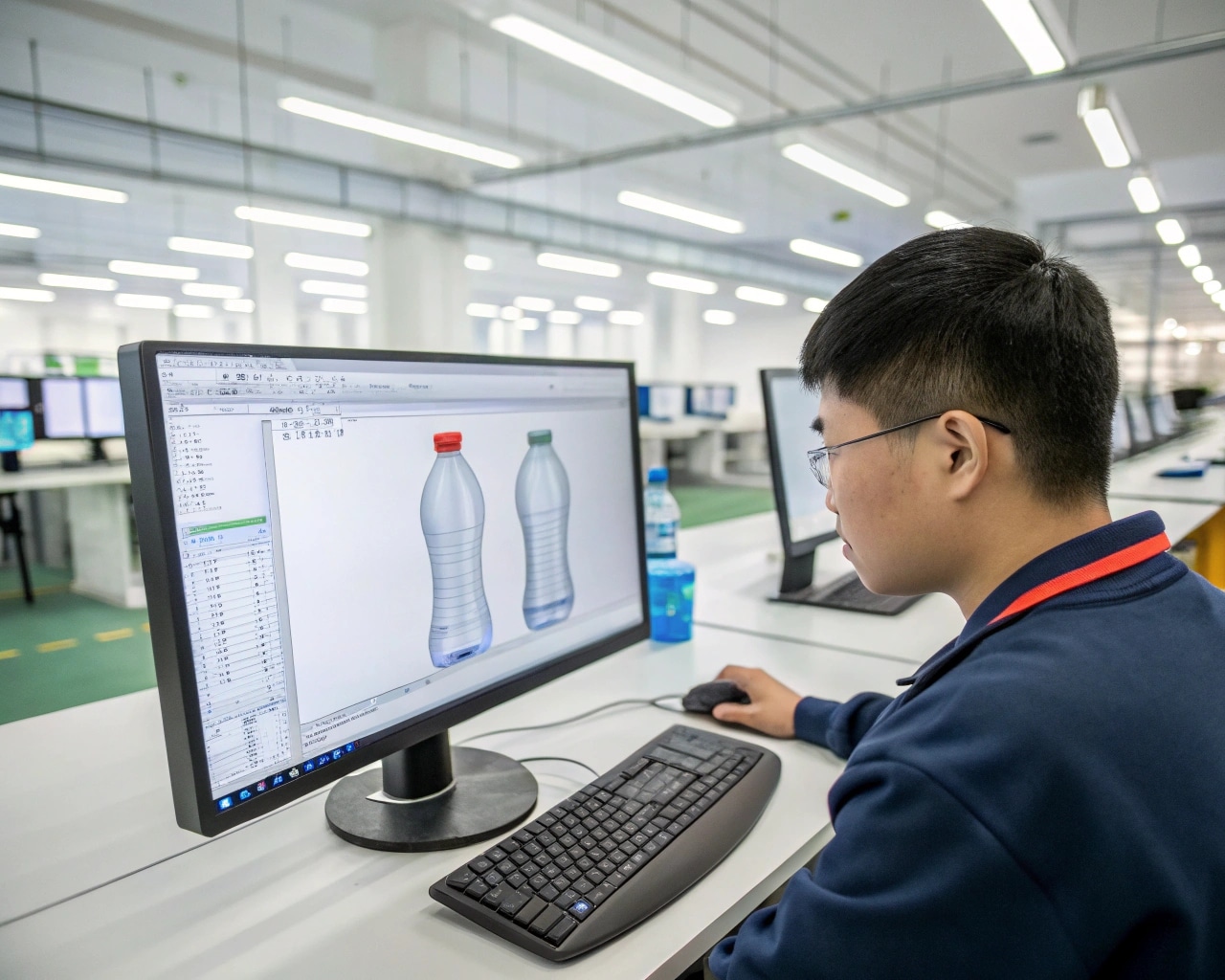 A Designer Using Cad Software On A Computer To Create A Detailed 3D Model Of A Pet Bottle.