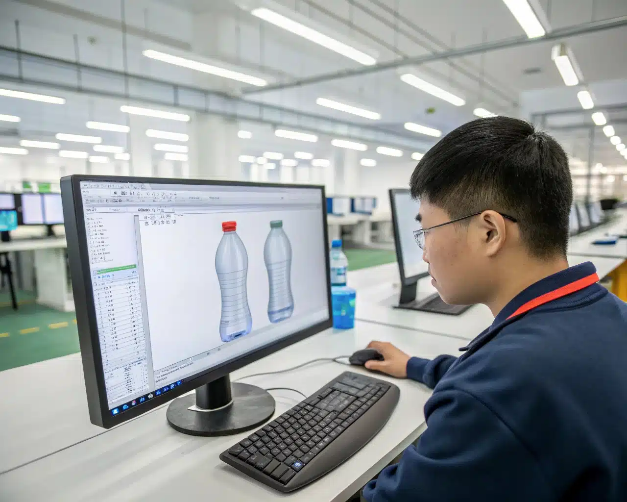 A Designer Using Cad Software On A Computer To Create A Detailed 3D Model Of A Pet Bottle.