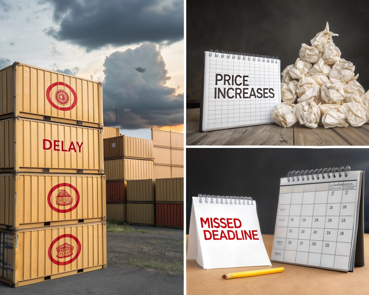 A Collage Of Shipping Containers, Invoices, And A Calendar With Missed Deadlines.