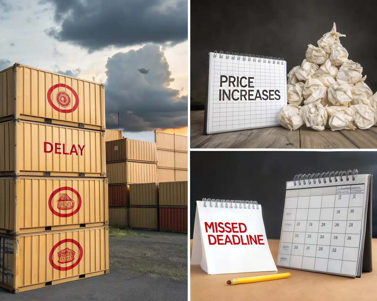 A Collage Of Shipping Containers, Invoices, And A Calendar With Missed Deadlines.