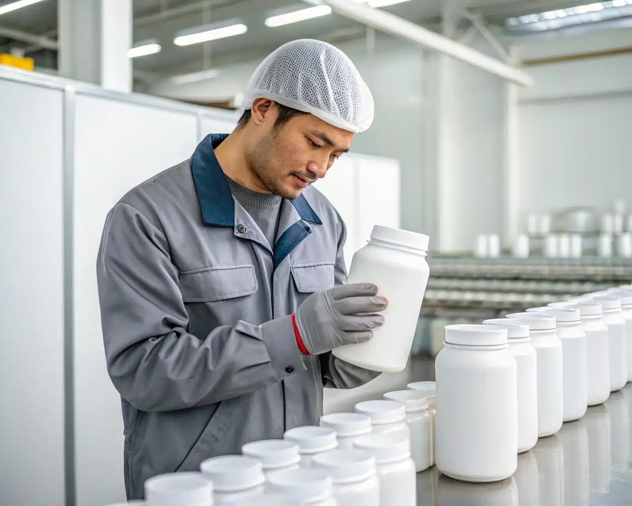 A Quality Control Inspector Meticulously Examining A Perfectly Clear Pet Jar.