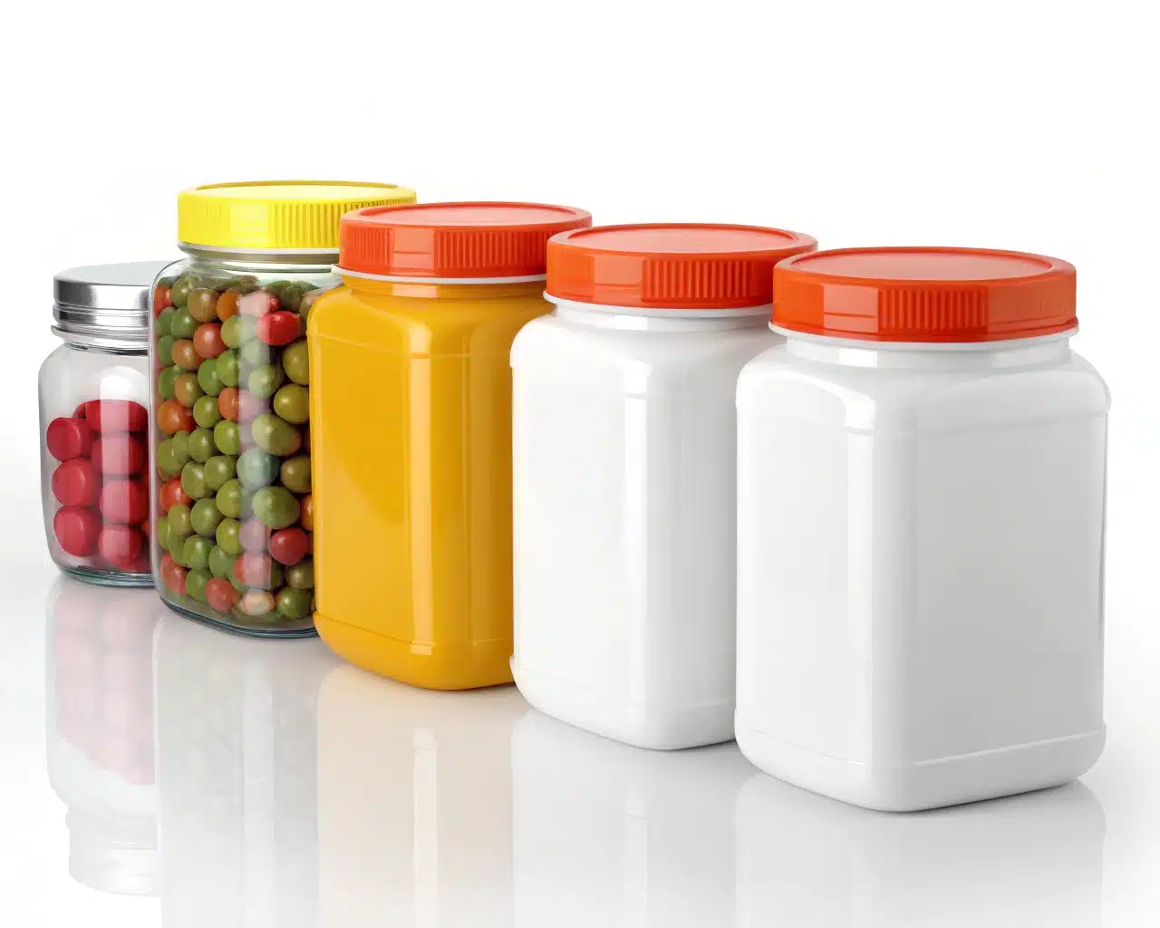 A Lineup Of Pet Jars In Various Unique Shapes, Sizes, And Vibrant Colors.