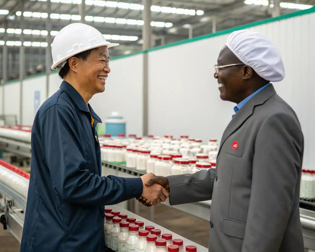 A Photo Of A Friendly, Expert Engineer Shaking Hands With A Satisfied Client In Front Of Their New Production Line.