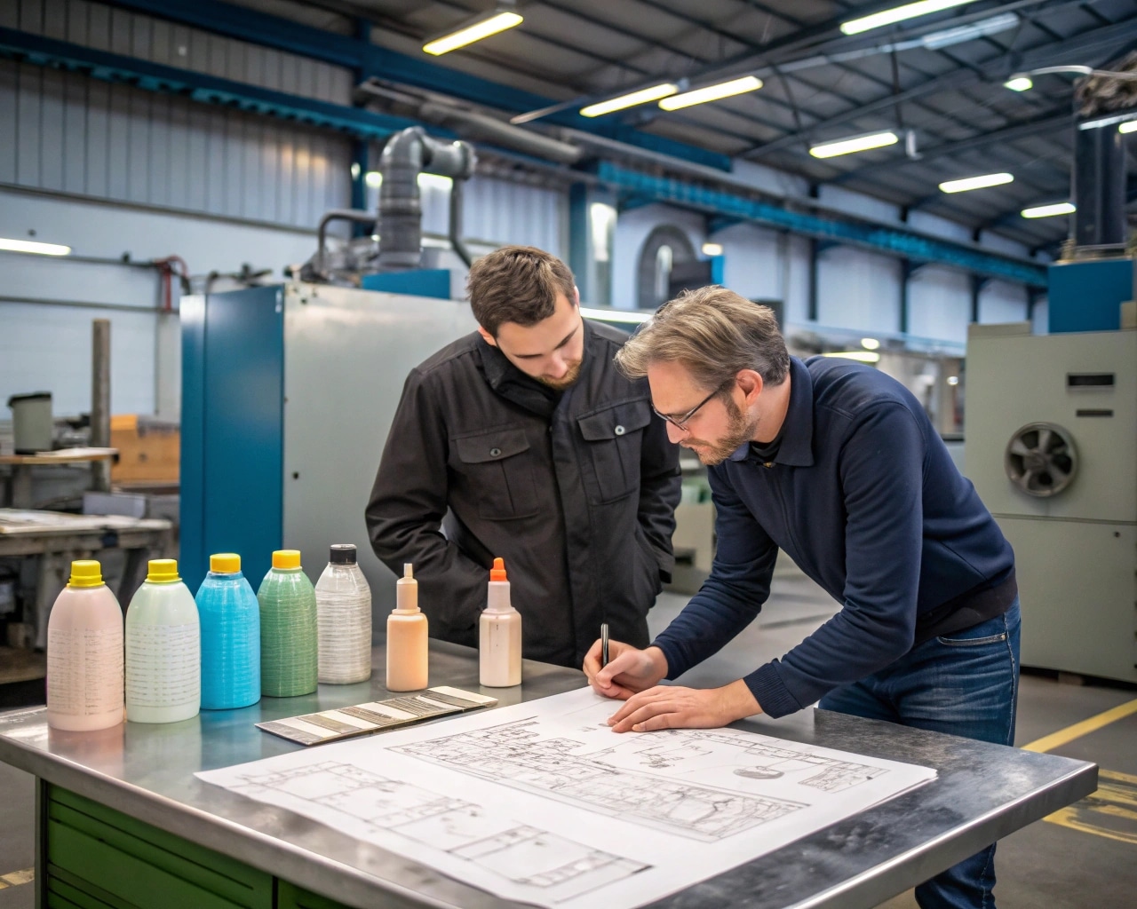 A Team Of Engineers Reviewing Plans For A Custom Machine And Mold Together.