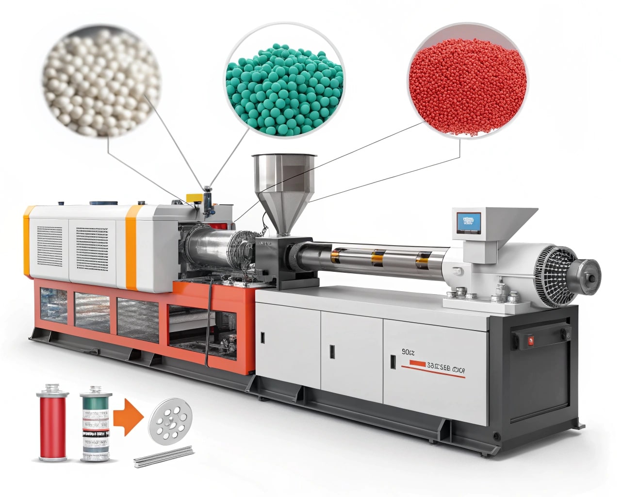 Different Plastic Raw Material Pellets And Corresponding Blow Molding Machine Core Components (E.g., Pet Preform Heating Lamps, Ebm Die Head)
