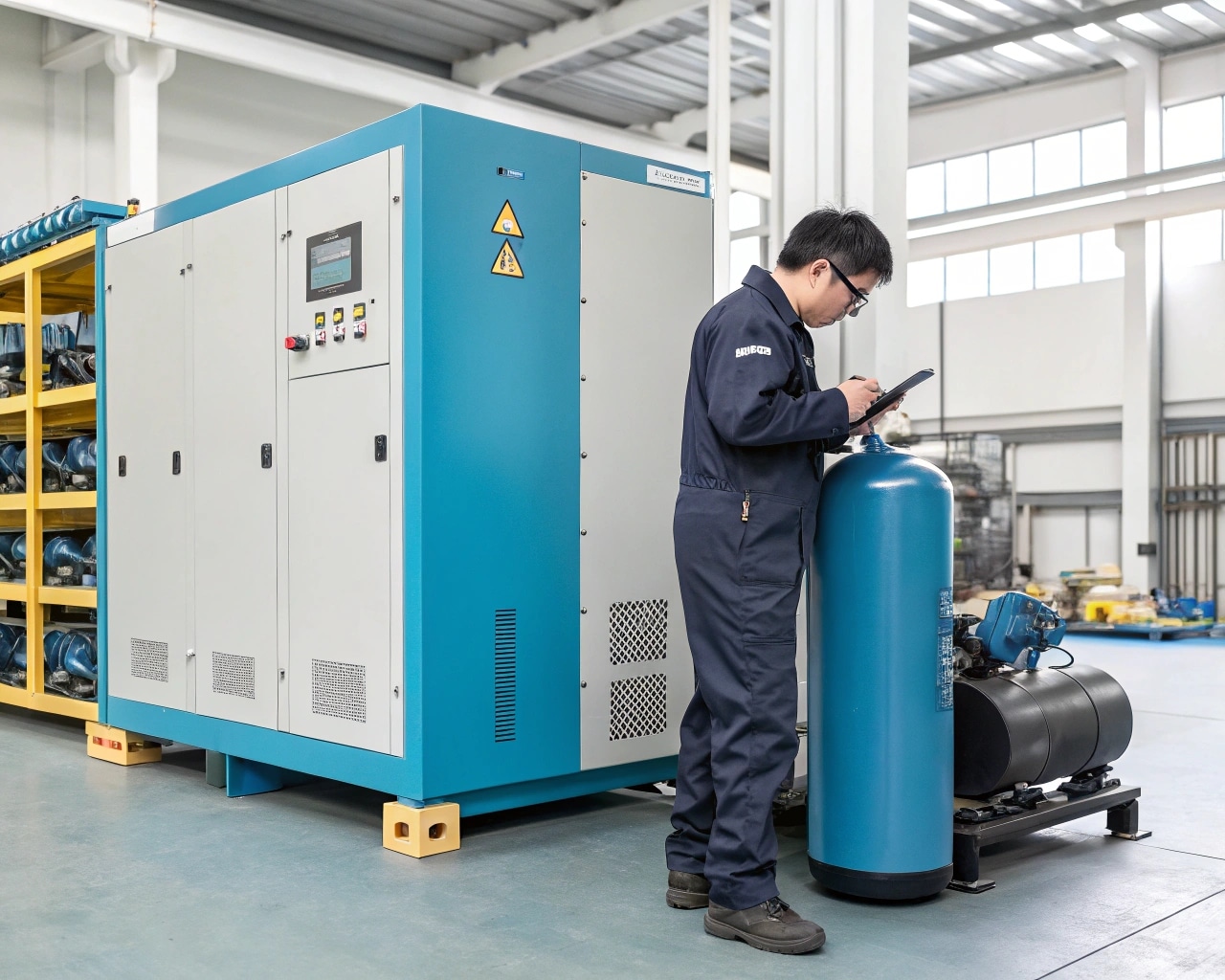 A Maintenance Technician Inspecting A High-Pressure Air Compressor System