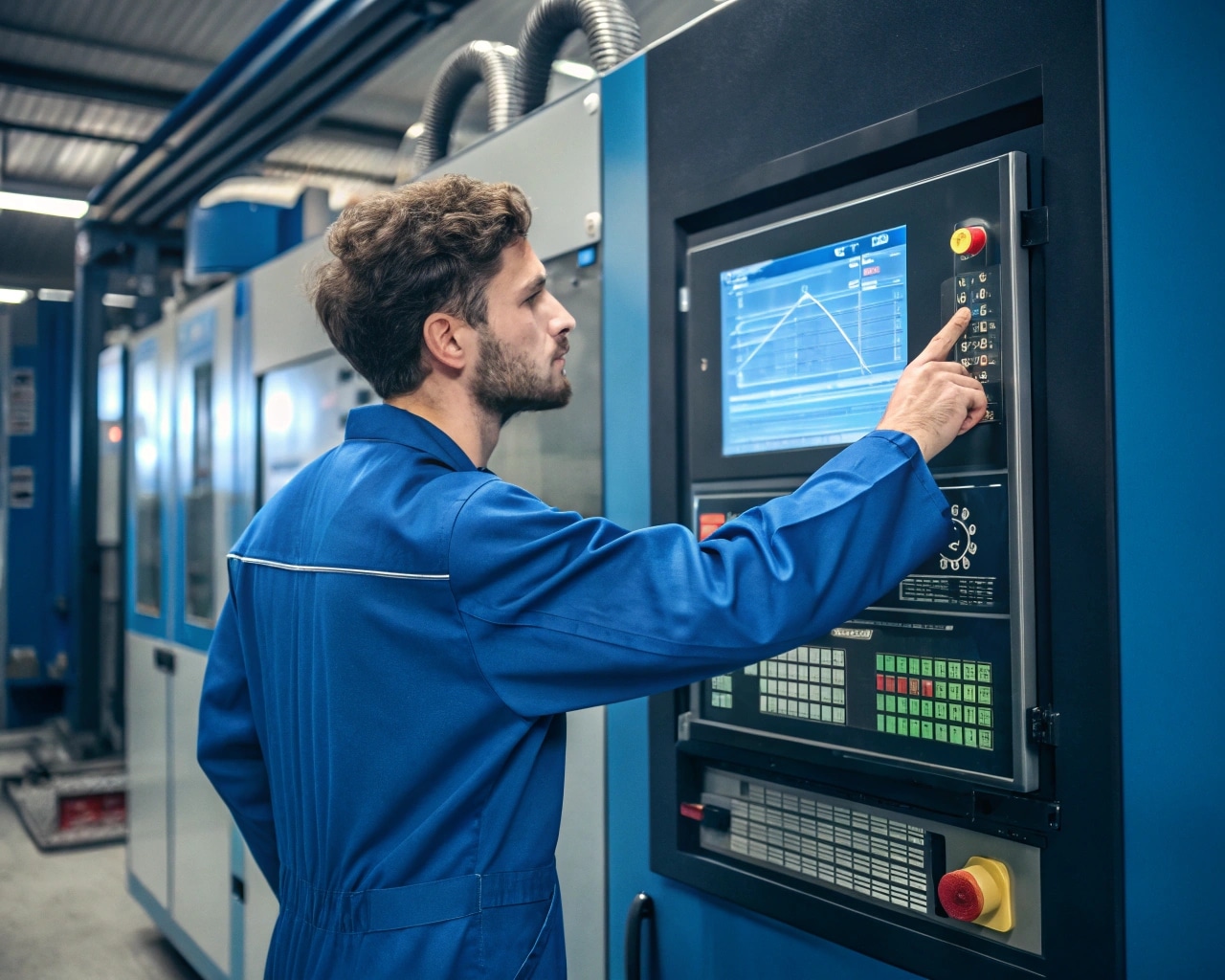 An Operator Adjusting The Settings On A Bottle Blowing Machine Control Panel