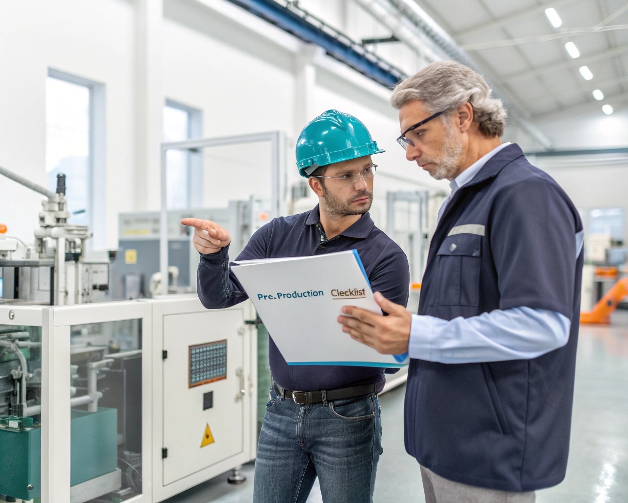 An Operator And A Manager Reviewing A Pre-Production Checklist Next To A Bottle Blowing Machine