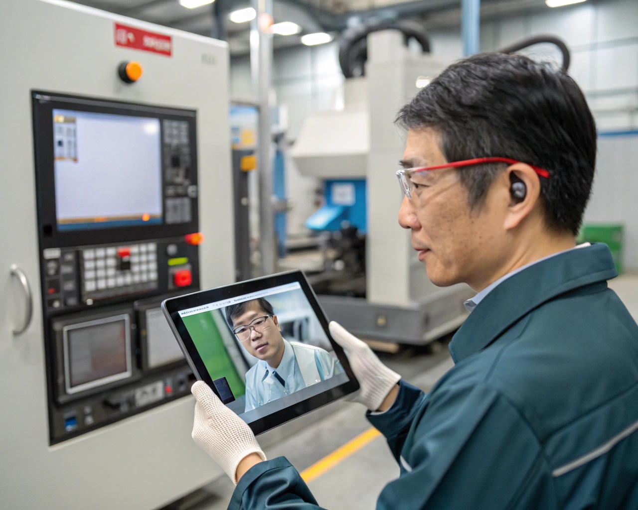An Engineer On A Video Call Providing Remote Technical Support To A Factory Operator