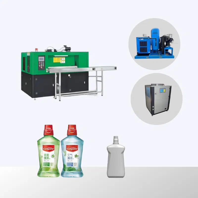 A Diagram Showing A Blow Molding Machine Connected To An Air Compressor, Chiller, And Conveyor