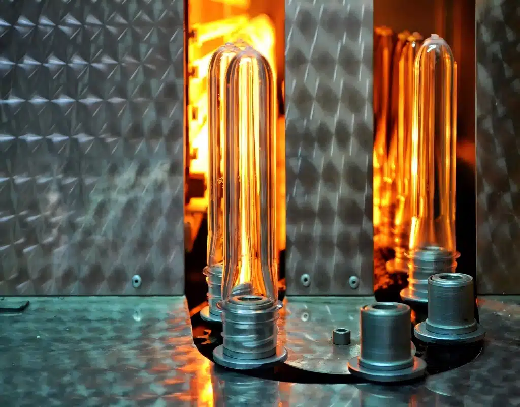 Several Pet Preforms Standing Upright In An Industrial Oven For A Heat Test.