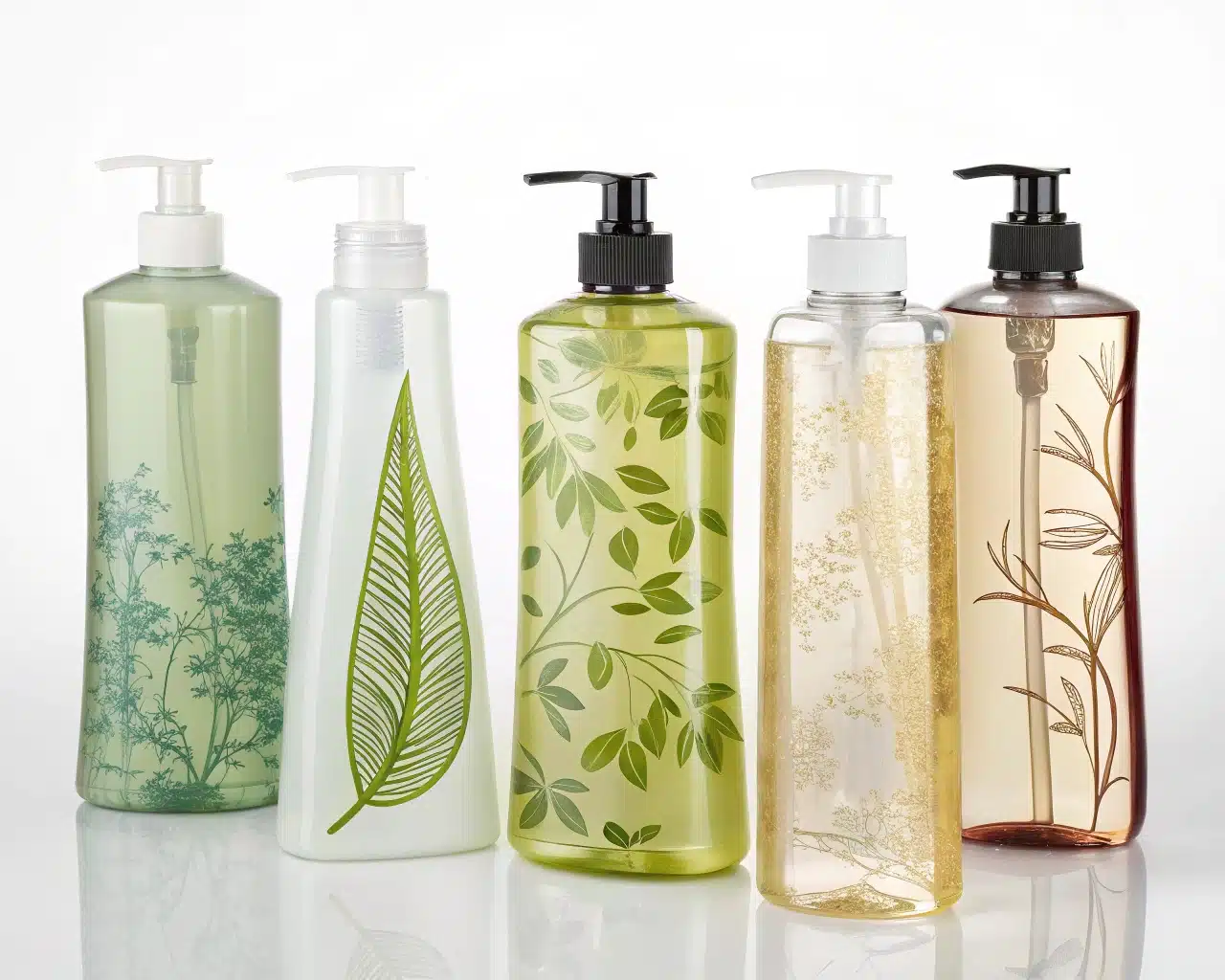 A Collection Of Custom-Designed Shampoo Bottles With Unique Shapes And Colors.