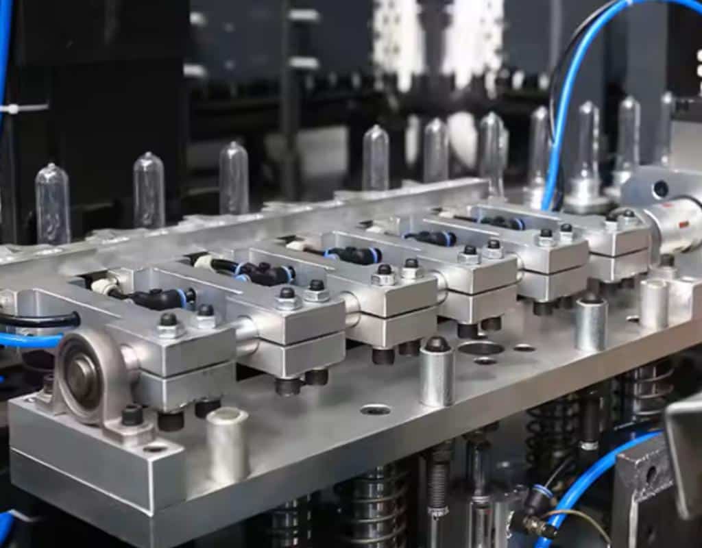 A Detailed Close-Up Of A Preform Being Held By A Mechanical Gripper As It Enters A Heating Station