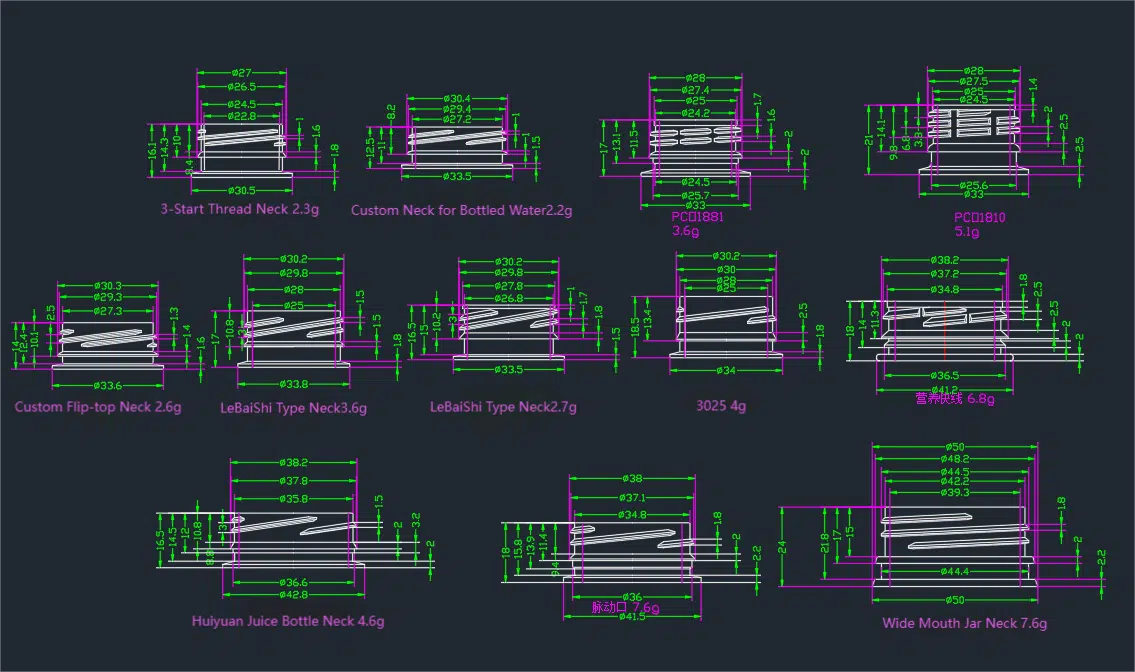 An Assortment Of Different Pet Preform Neck Finishes