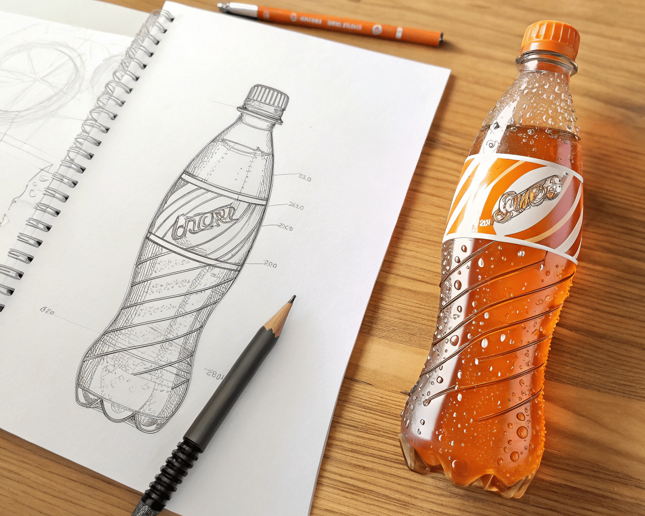 A Custom-Designed Soda Bottle, With A Sketch Next To It