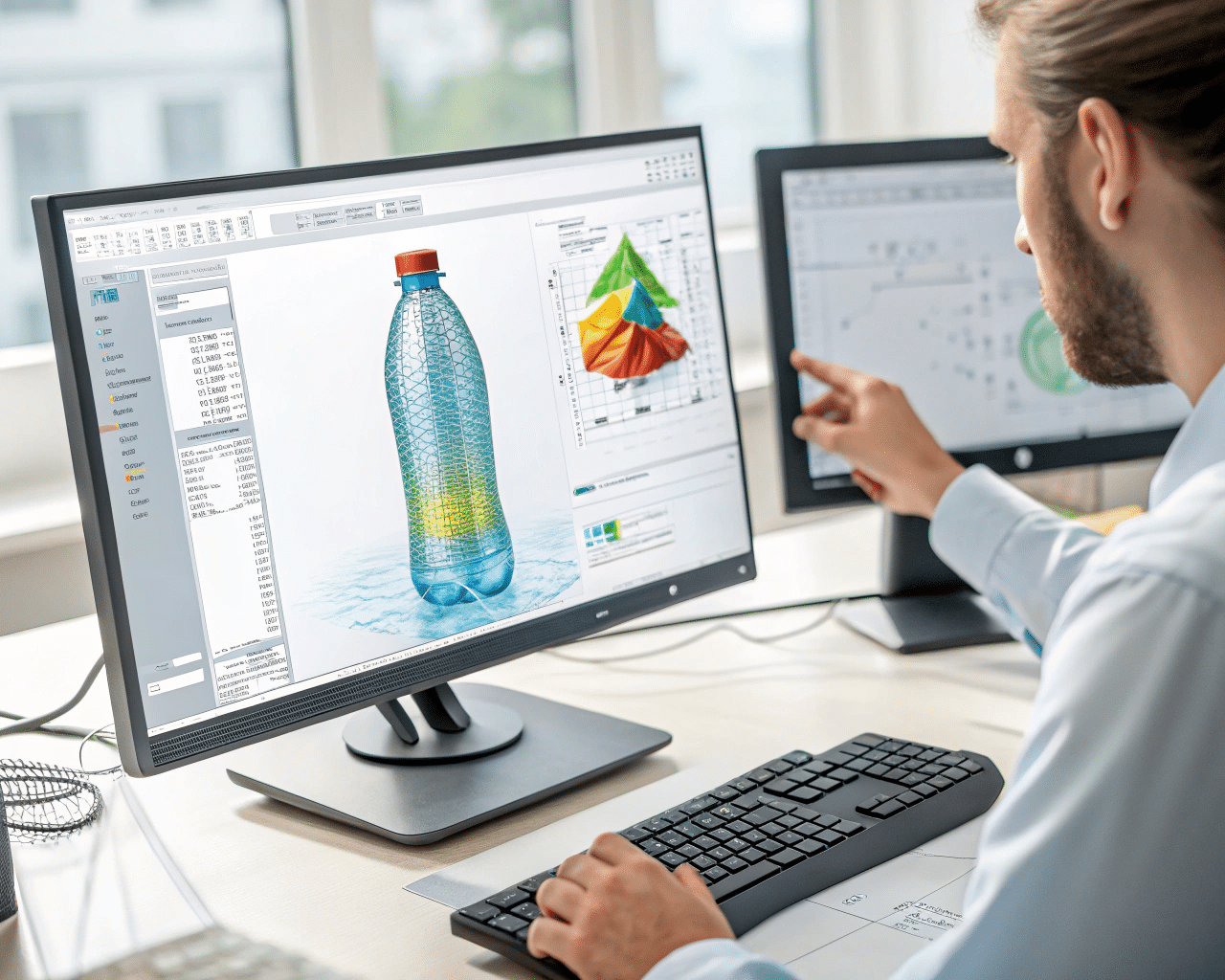 A Team Of Engineers Discussing A Bottle Design On A Computer Screen.