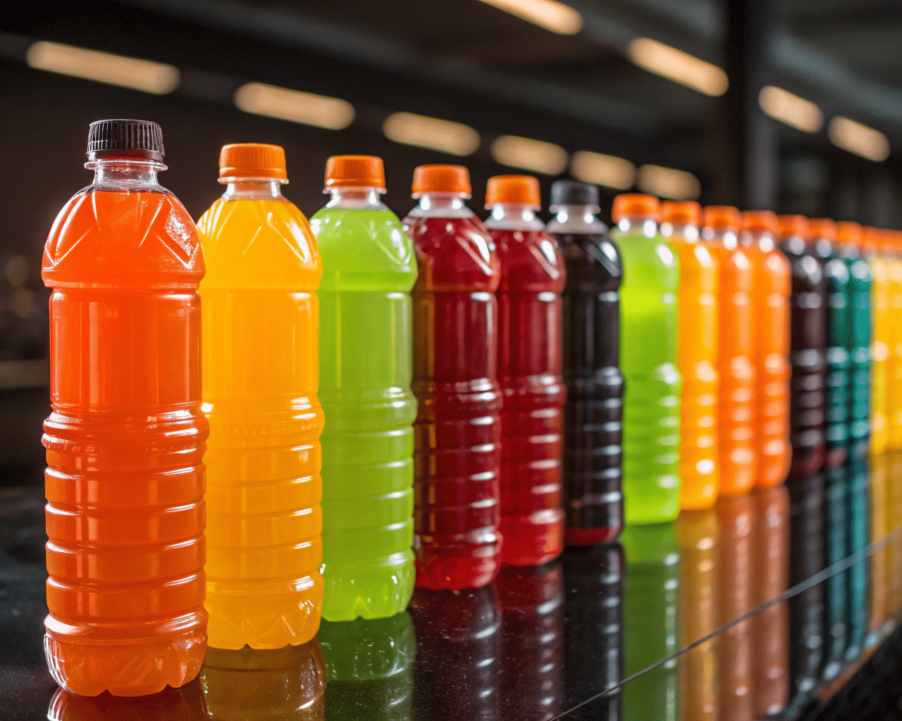 A Collection Of Colorful Juice And Sports Drink Bottles With Strong, Rigid Shapes.