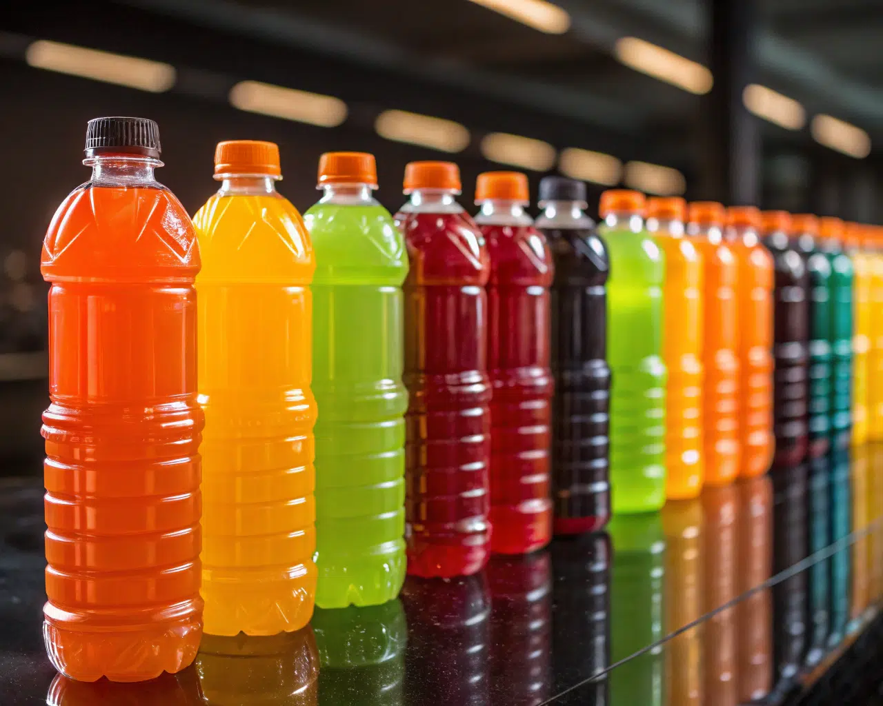 A Collection Of Colorful Juice And Sports Drink Bottles With Strong, Rigid Shapes.