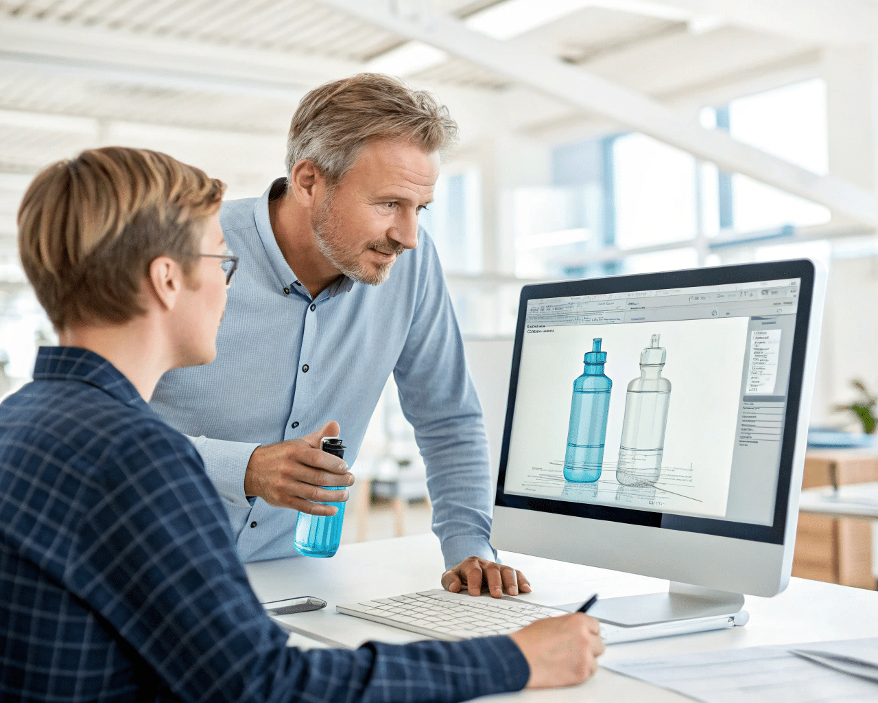 A Project Manager Reviewing 3D Bottle Designs With A Client