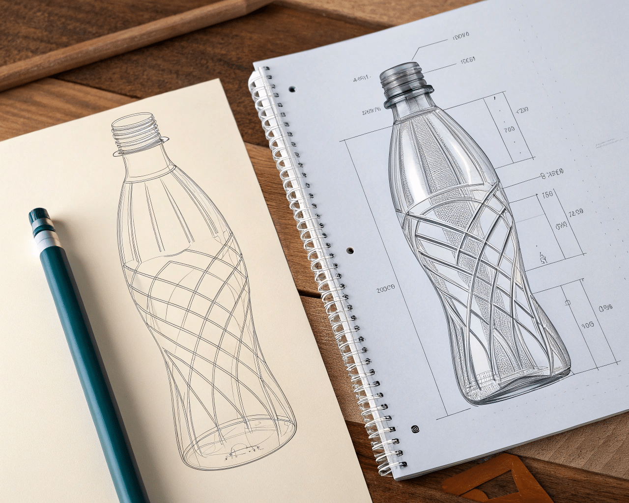 A Collage Showing A Creative Bottle Design Sketch Next To A Technical Mold Blueprint.