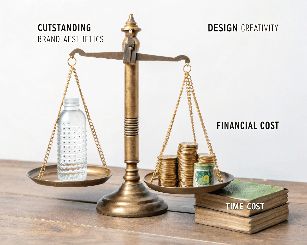 A Scale Balancing A Beautifully Complex Bottle On One Side And A Stack Of Coins On The Other.