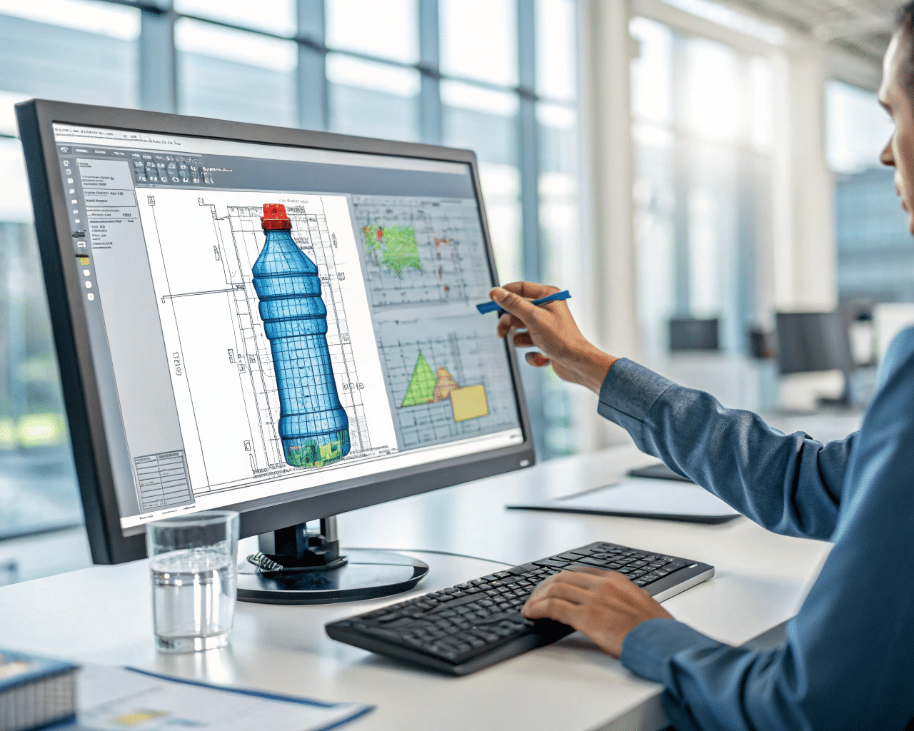 Engineer Discussing A Bottle Design On A Computer