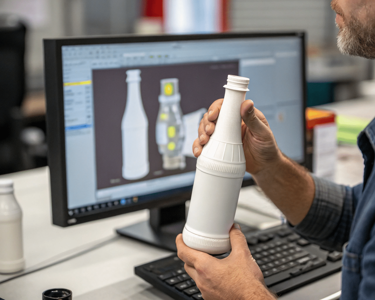 A Person Holding A 3D Printed Bottle Prototype, Comparing It To A Computer Render.