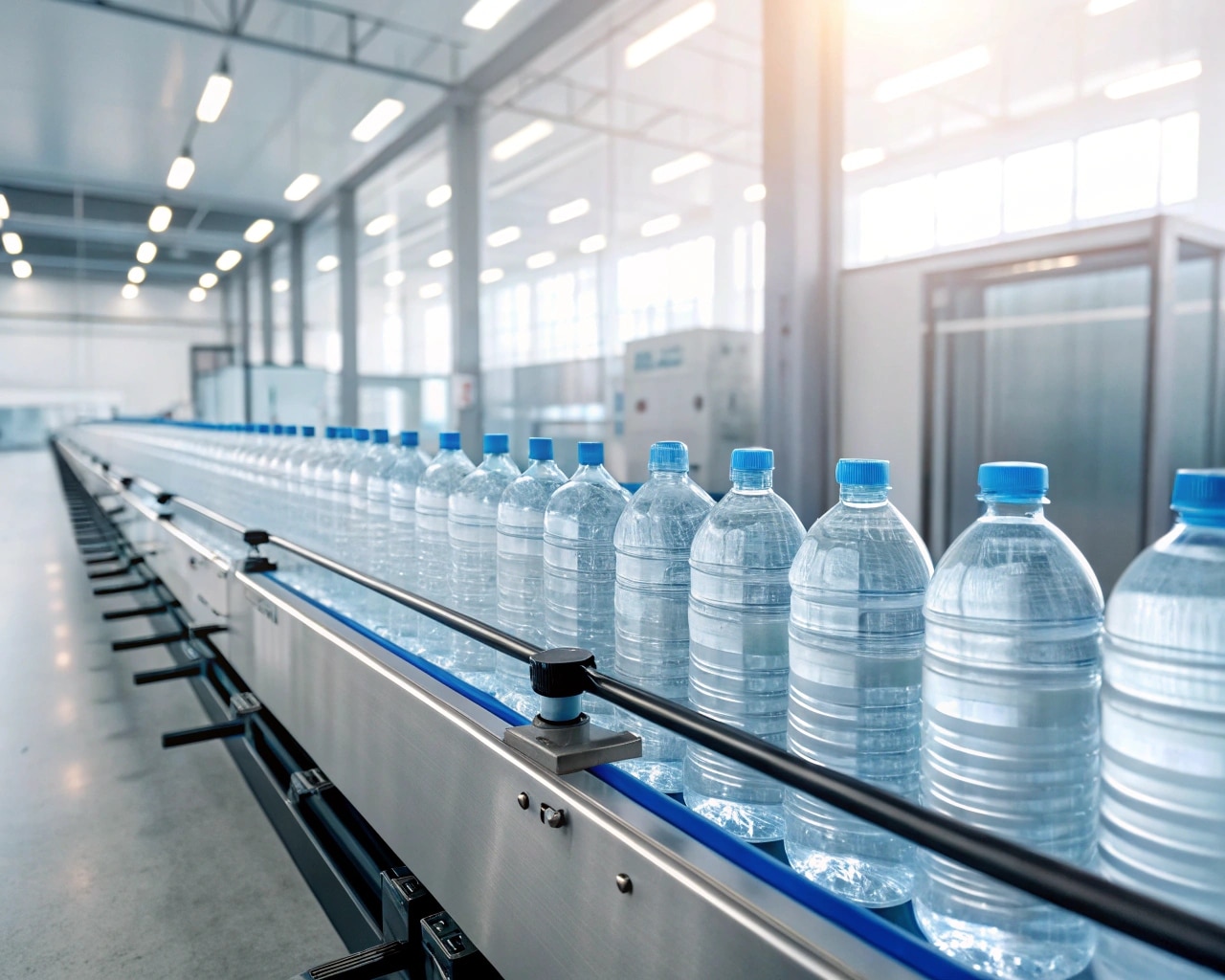Round Pet Water Bottles On A Conveyor Belt