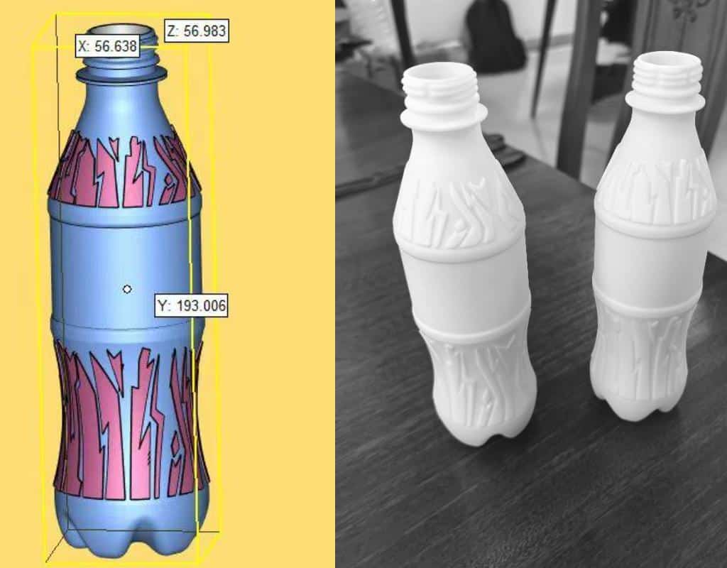 A 3D Printed Bottle Sample Next To The Final Pet Bottle