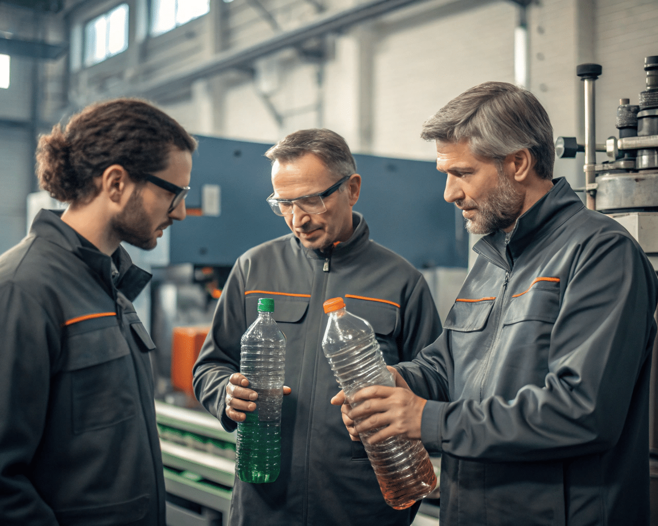 A Technician Inspecting A Freshly Blown Bottle Next To A Machine