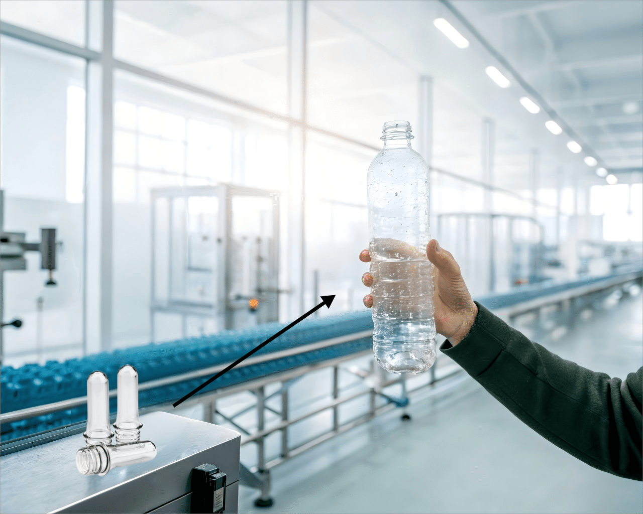 A Pet Preform Held Next To A Finished Plastic Bottle