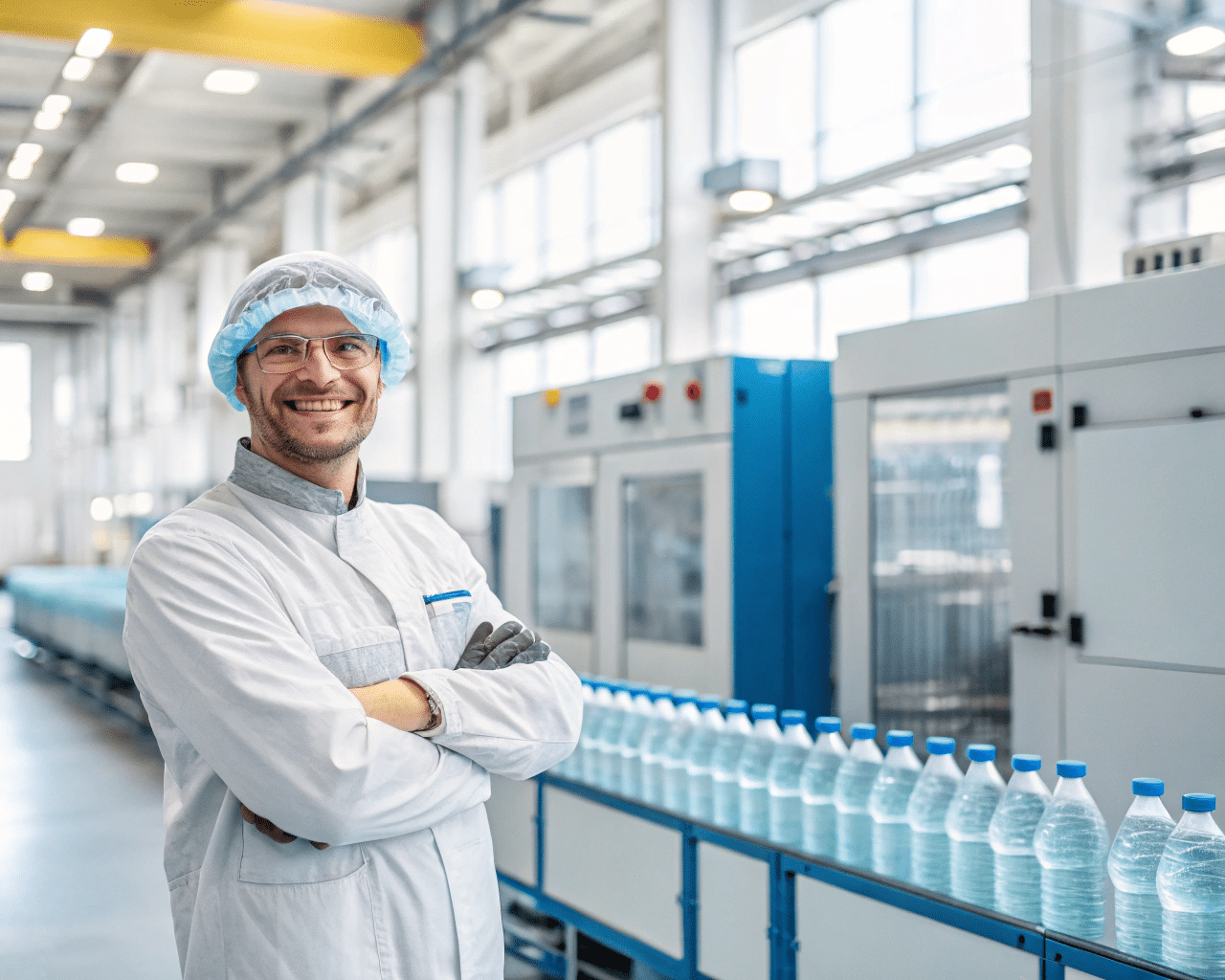 A Factory Manager Smiling Next To A Running Production Line