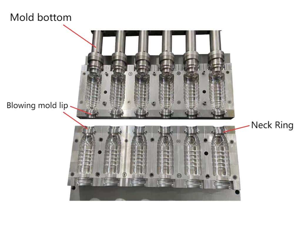An Exploded-View Diagram Of A Blow Mold, With Callouts Highlighting The Neck Ring And Centering Inserts As Separate Components.