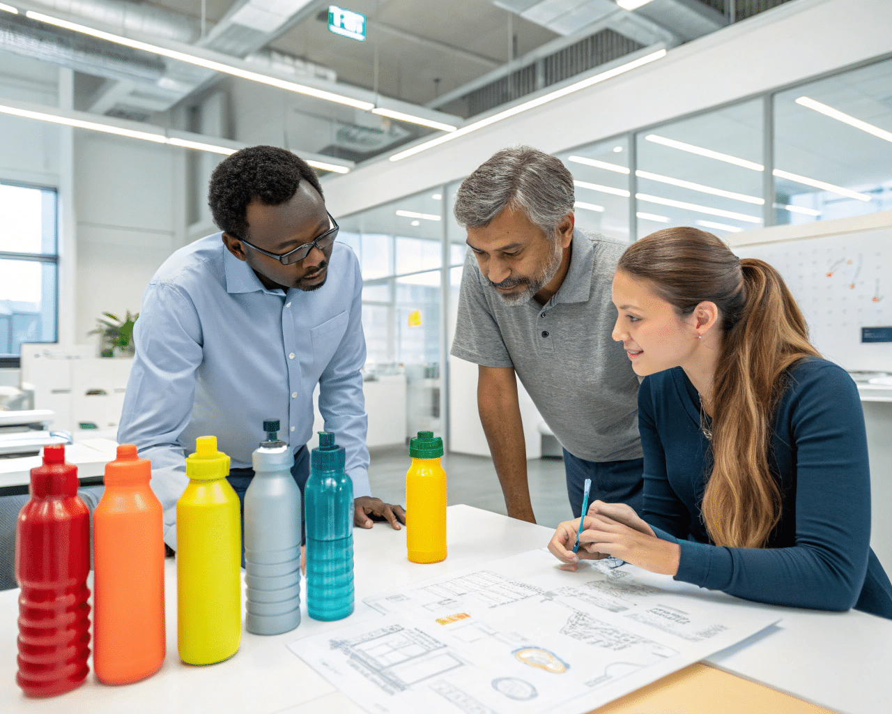 A Team Of Engineers Discussing Bottle Designs And Preforms